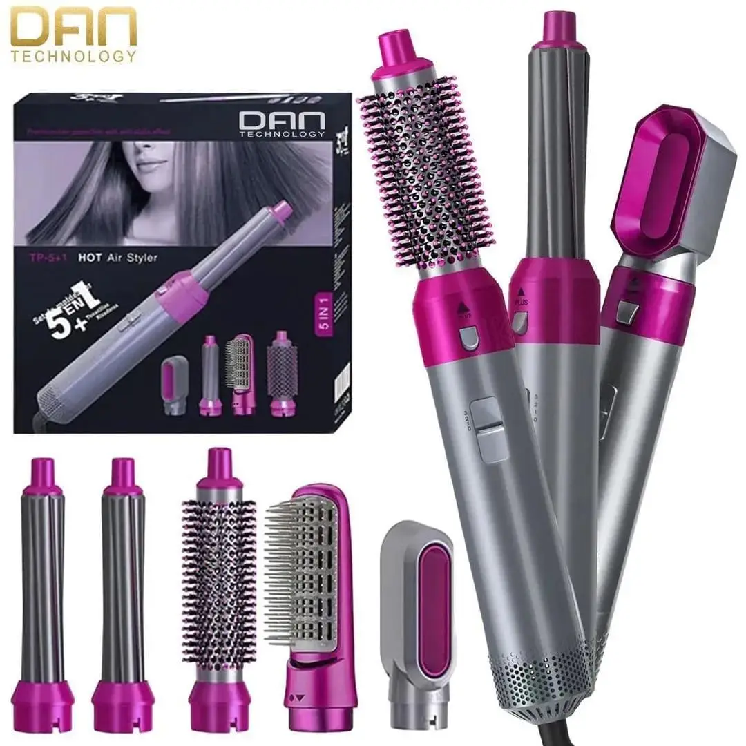 2190-40 (5) 5-in-1 Hair Curler & Straightener Pink & Silver ABS Styling Tool - Image 1
