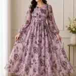 Purple 3D Block Printed Gown Dress for Women