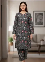 Grey Printed 2 Pcs Women's Unstitched Suit - Micro Polo Cotton - Image 2