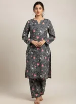 Grey Printed 2 Pcs Women's Unstitched Suit - Micro Polo Cotton - Image 4