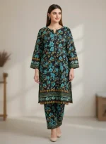 Stylish 2 Pcs Women's Unstitched Printed Suit in Black Micro Polo Cotton