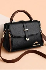 Women's Black Faux Leather (Rexine) Shoulder Bag 8x10" with Gold Lock