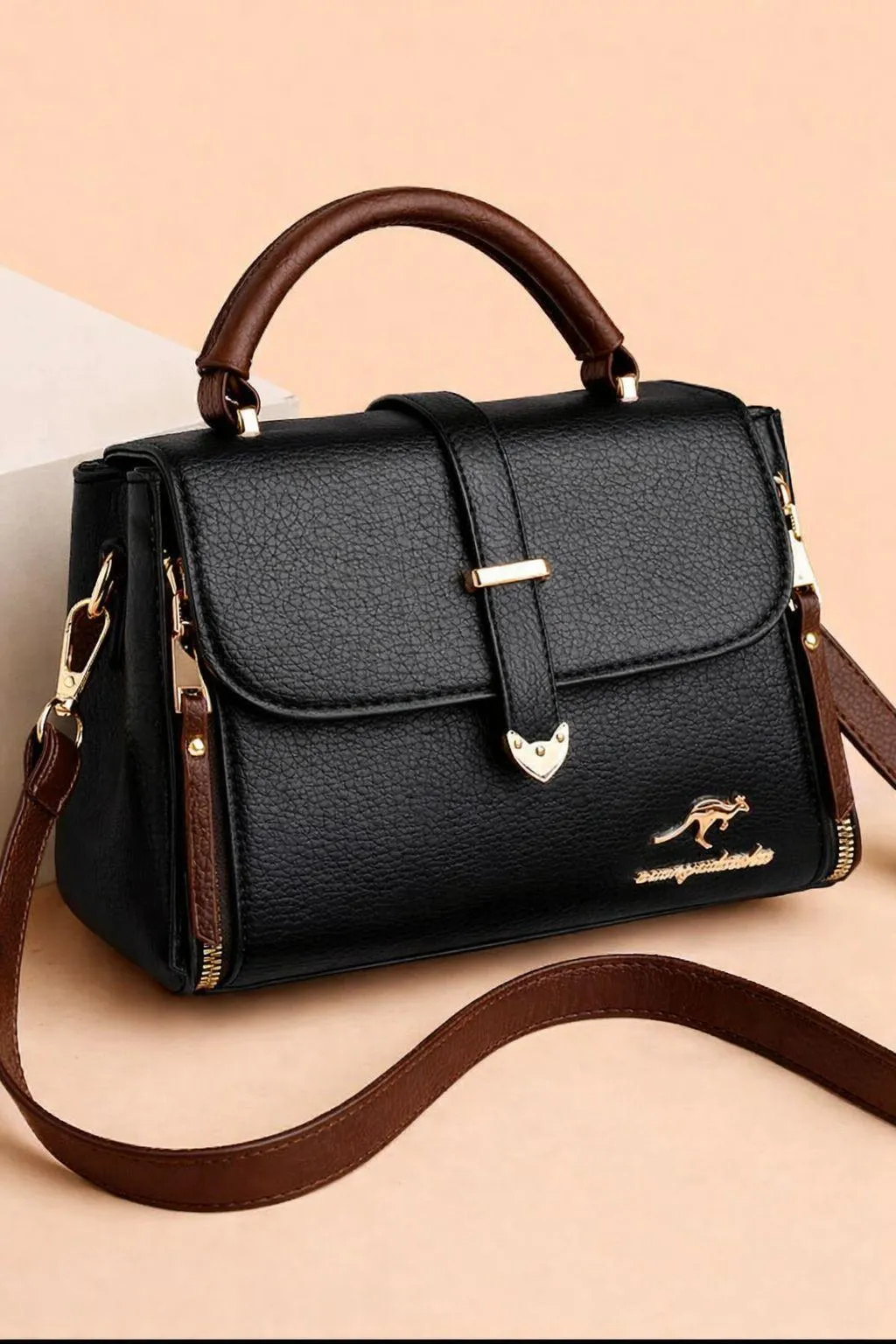 1598-37-719875-product-1 Women's Black Faux Leather (Rexine) Shoulder Bag 8x10" with Gold Lock - Image 1