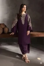 Purple Gold Embroidered Lawn Unstitched 2 Piece Wedding Suit - Image 4