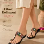 Women's Cork Casual Kolhapuri Chappal, Black Printed Flat Sandals for Everyday Comfort