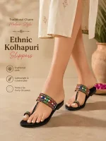 Women's Cork Casual Kolhapuri Chappal, Black Printed Flat Sandals for Everyday Comfort