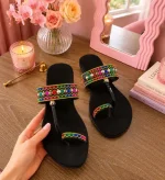 Women's Cork Casual Kolhapuri Chappal, Black Printed Flat Sandals for Everyday Comfort - Image 3