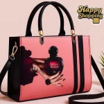 Stylish Women's Shoulder Bag – Perfume Bottle Print in Pink, Black & Gold