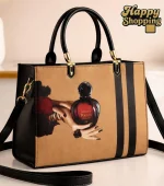 Stylish Women's Shoulder Bag – Perfume Bottle Print in Pink, Black & Gold - Image 11