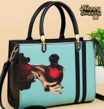 Stylish Women's Shoulder Bag – Perfume Bottle Print in Pink, Black & Gold - Image 12