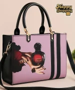 Stylish Women's Shoulder Bag – Perfume Bottle Print in Pink, Black & Gold - Image 13