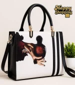 Stylish Women's Shoulder Bag – Perfume Bottle Print in Pink, Black & Gold - Image 14