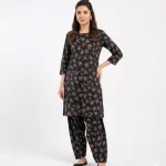 Black Floral Printed Polo Cotton Kurta Pajama 2 Piece Set