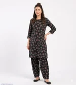 Black Floral Printed Polo Cotton Kurta Pajama 2 Piece Set