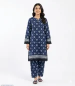 2 Pcs Women's Unstitched Printed Cotton Lawn Suit - Blue Printed Shirt & Trouser - Image 2