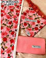 2 Pcs Women's Unstitched Digital Print Lawn Suit - Pink - Image 2