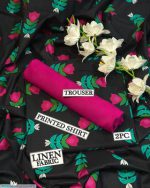 Black Digital Print Linen Unstitched 2 Piece Suit - Image 2