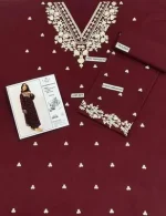Maroon Embroidered Lawn Shirt with Cotton Trouser Unstitched Suit - Image 6