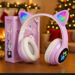 Cat Ear Wireless Bluetooth Headphones with RGB LED Lights & Built-in Mic – Stereo Bass Sound, Bluetooth & AUX Mode, Adjustable Over-Ear Headset for Kids, Teens & Girls