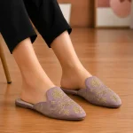 Elegant Floral Embroidered Backless Loafers 071 Pink, Velvet Mules for Women - Image 3
