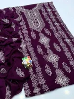 Purple Sheesha Work Chiffon Unstitched 2 Piece Suit for Women - Image 3