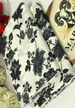 Black Floral Printed Polo Cotton White Unstitched 2 Piece Suit