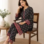 Women Black Printed 2-Piece Polo Cotton Suit Set - Shirt & Trouser