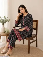 Women Black Printed 2-Piece Polo Cotton Suit Set - Shirt & Trouser
