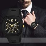 Men's Black Silicone Analogue Watch with Gold Accents - Square Dial