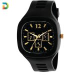 Men's Black Silicone Analogue Watch with Gold Accents - Square Dial - Image 2