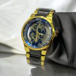 Men's Chronograph Watch Golden Stainless Steel 34mm Blue Dial