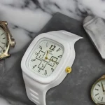 White Square Analog Watch with Gold Accents for Men