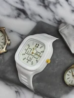 White Square Analog Watch with Gold Accents for Men