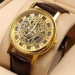 Men's Gold Leather Watch with Roman Dial - Image 4