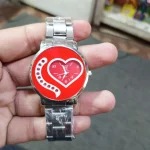 Women Analog Heart Dial Watch Red White Stones