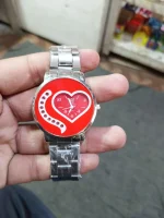 Women Analog Heart Dial Watch Red White Stones