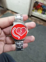 Women Analog Heart Dial Watch Red White Stones - Image 3