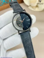 Men's Black Leather Round Dial Watch 20mm - Image 9