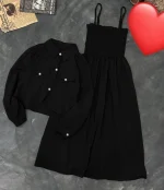 Black Linen 2-Piece Dress Set with Pearl Buttons - Image 2