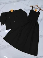 Black Linen 2-Piece Dress Set with Pearl Buttons