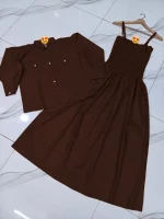 Brown Linen 2-Piece Set with Pearl Buttons & Flared Skirt - Image 2