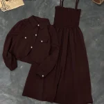 Brown Linen 2-Piece Set with Pearl Buttons & Flared Skirt