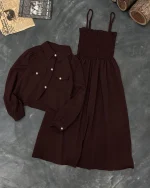 Brown Linen 2-Piece Set with Pearl Buttons & Flared Skirt