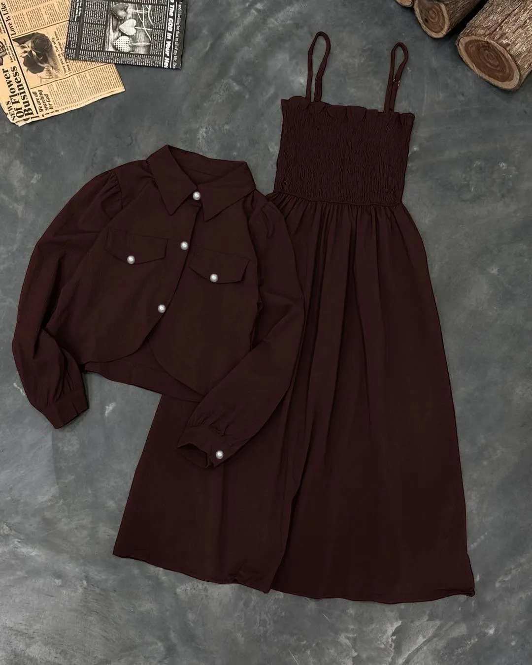MZ1993200386AACN-media-3 Brown Linen 2-Piece Set with Pearl Buttons & Flared Skirt - Image 1