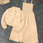 Off-White Linen 2-Piece Women's Set with Coati Top & Smocked Dress