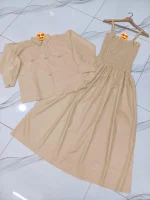 Off-White Linen 2-Piece Women's Set with Coati Top & Smocked Dress - Image 2