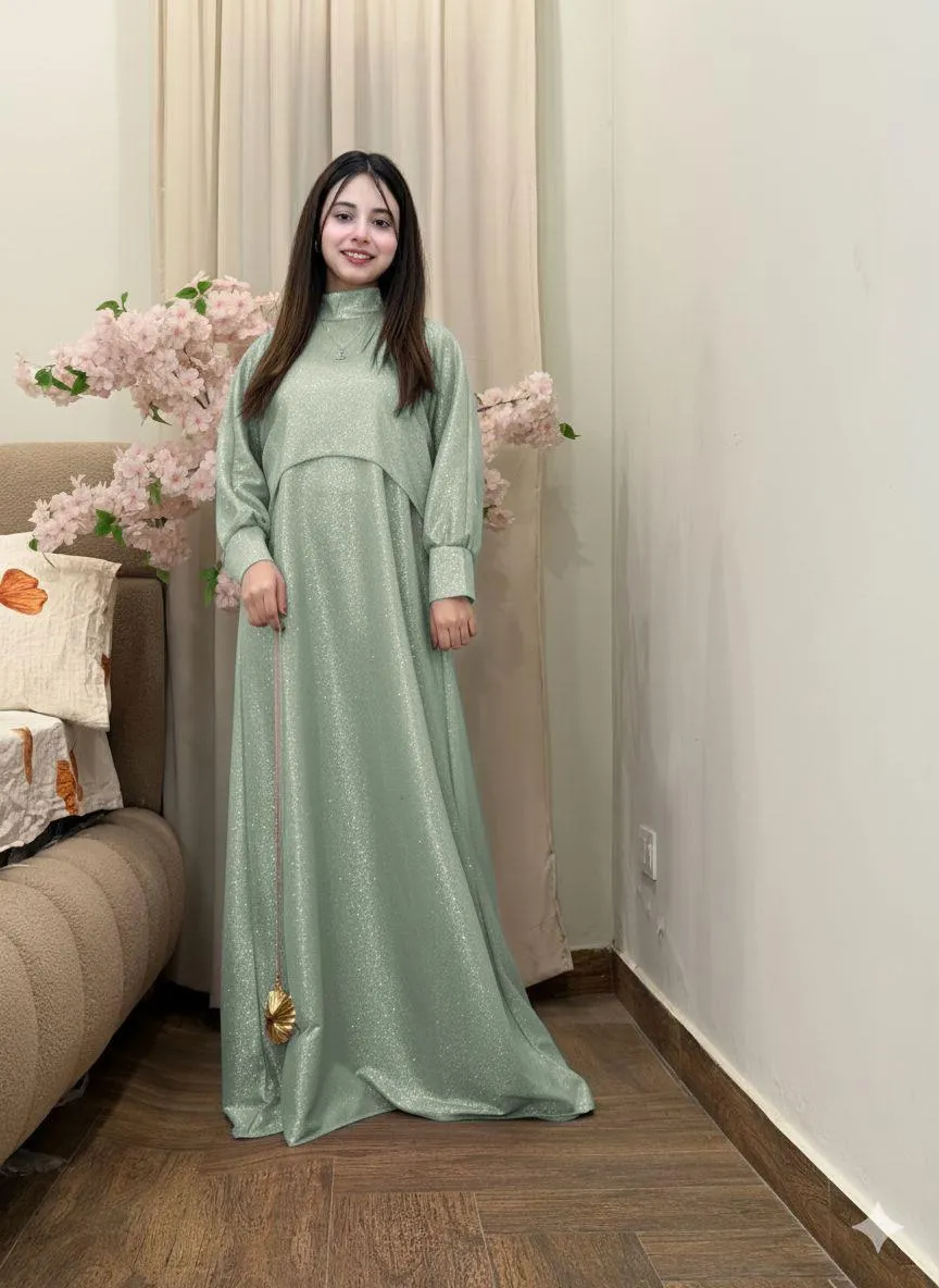MZ2199200043BICN-media-1 Green Glitter 2Pcs Maxi Dress Set - Image 1