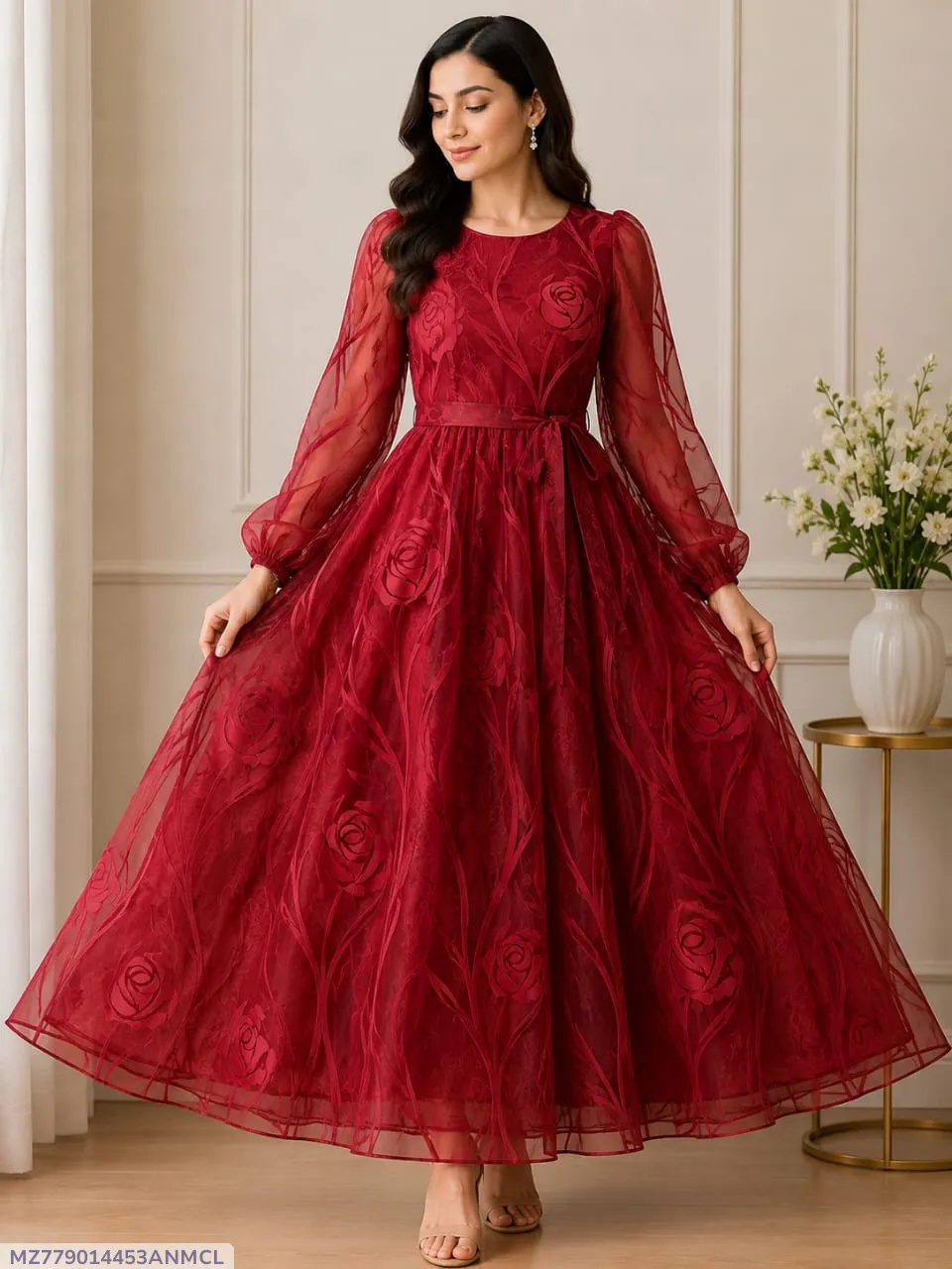 MZ779014453ANMCL-media-1 Red Embroidered Gown After Wash Soft Arganza Net - Image 1