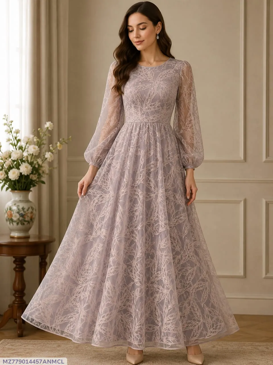 MZ779014457ANMCL-media-1 Purple 3D Block Printed Gown Dress for Women - Image 1