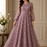 Purple 3-D Block Printed Organza Gown Dress for Women